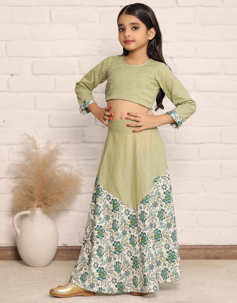 Pista Green and Floral Print Full Sleeve Crop Top and Skirt Set for Girls(set of 2)