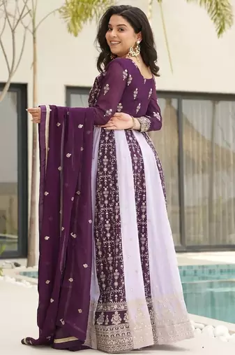 Wine color zari sequins embroidered georgette gown dupatta