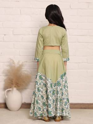 Pista Green and Floral Print Full Sleeve Crop Top and Skirt Set for Girls(set of 2) 2