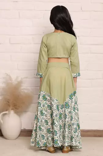 Pista Green and Floral Print Full Sleeve Crop Top and Skirt Set for Girls(set of 2)