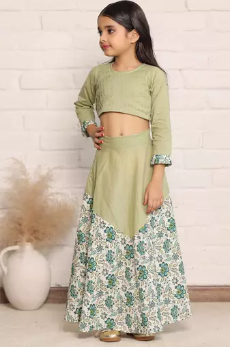 Pista Green and Floral Print Full Sleeve Crop Top and Skirt Set for Girls(set of 2)