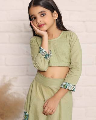 Pista Green and Floral Print Full Sleeve Crop Top and Skirt Set for Girls(set of 2) 4