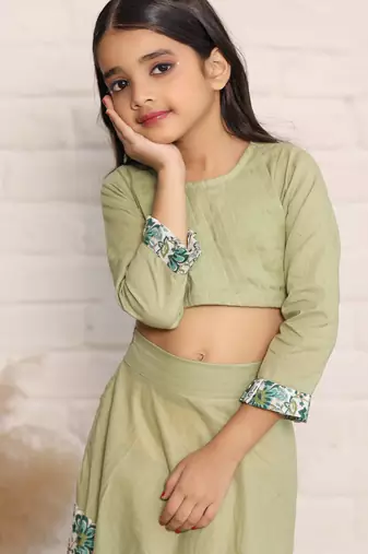 Pista Green and Floral Print Full Sleeve Crop Top and Skirt Set for Girls(set of 2)
