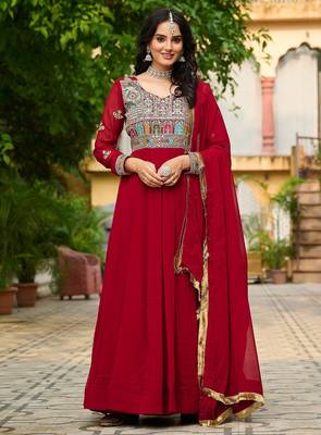 Maroon multi thread sequins embroidered georgette gown dupatta 1