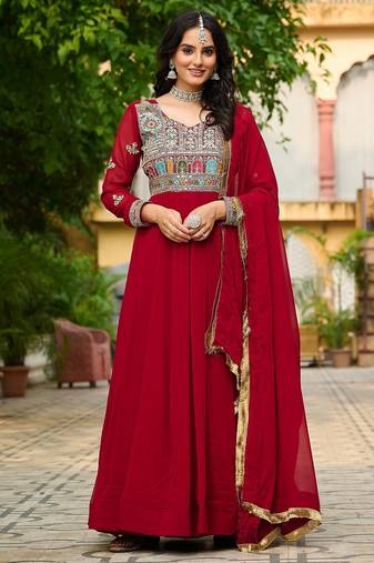 Maroon color multi thread sequins embroidered georgette gown dupatta