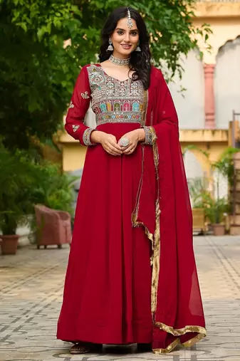 Maroon color multi thread sequins embroidered georgette gown dupatta