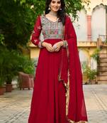 Maroon color multi thread sequins embroidered georgette gown dupatta