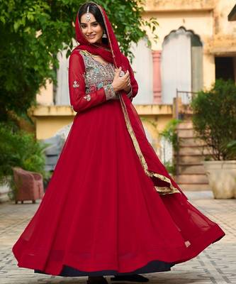 Maroon multi thread sequins embroidered georgette gown dupatta 2