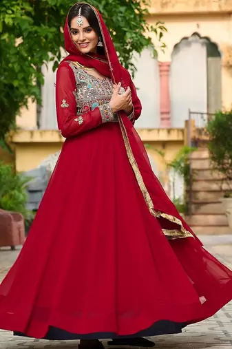 Maroon color multi thread sequins embroidered georgette gown dupatta