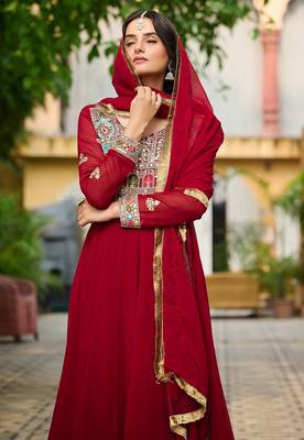 Maroon multi thread sequins embroidered georgette gown dupatta 3