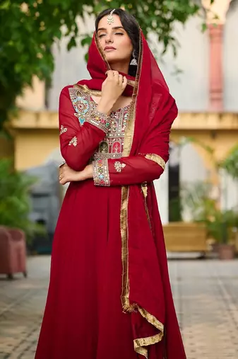 Maroon color multi thread sequins embroidered georgette gown dupatta