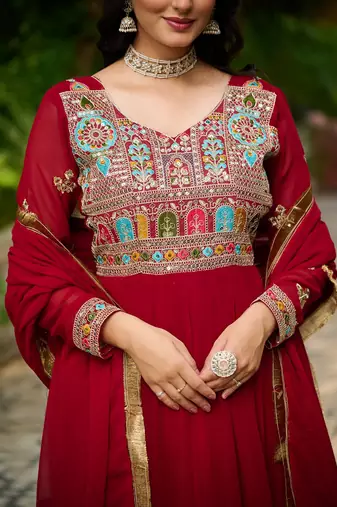 Maroon color multi thread sequins embroidered georgette gown dupatta