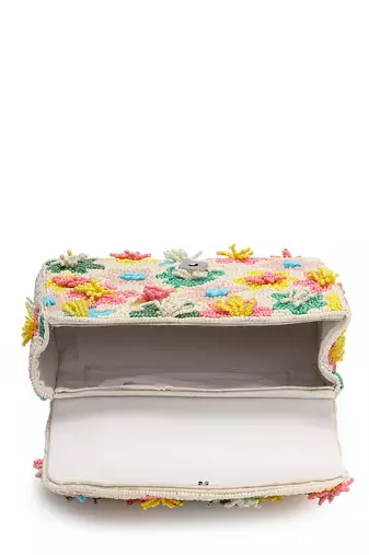 petal posh ivory & multi canvas floral motif beaded clutch