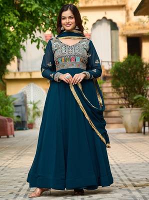 Rama blue multi thread sequins embroidered georgette gown dupatta 1