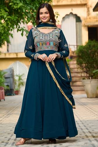 Rama blue color multi thread sequins embroidered georgette gown dupatta