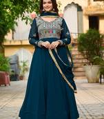 Rama blue color multi thread sequins embroidered georgette gown dupatta