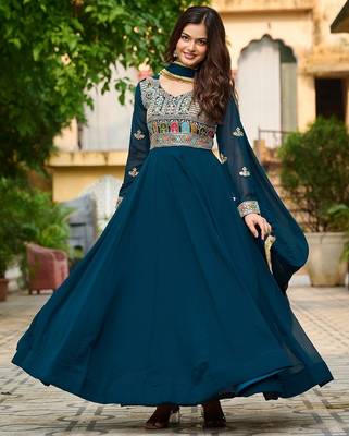 Rama blue multi thread sequins embroidered georgette gown dupatta 2