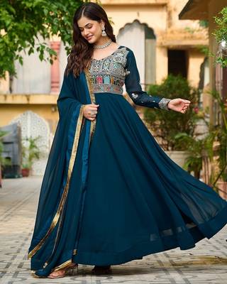 Rama blue multi thread sequins embroidered georgette gown dupatta 3