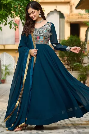 Rama blue color multi thread sequins embroidered georgette gown dupatta
