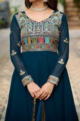 Rama blue multi thread sequins embroidered georgette gown dupatta 4