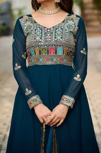 Rama blue color multi thread sequins embroidered georgette gown dupatta