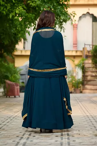 Rama blue color multi thread sequins embroidered georgette gown dupatta