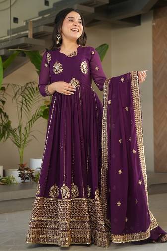 Wine color zari sequins embroidered georgette gown dupatta