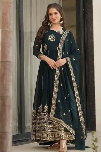 Rama blue color zari sequins embroidered georgette gown dupatta