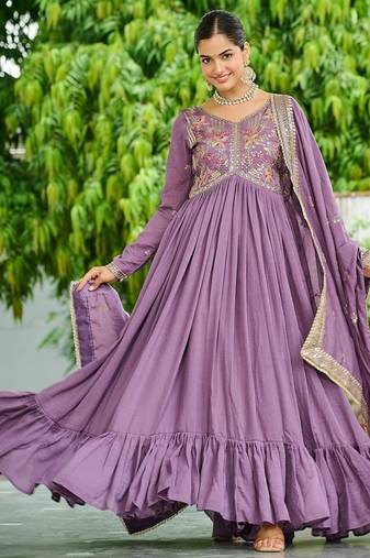 Onion color vichitra silk zari thread embroidered gown dupatta