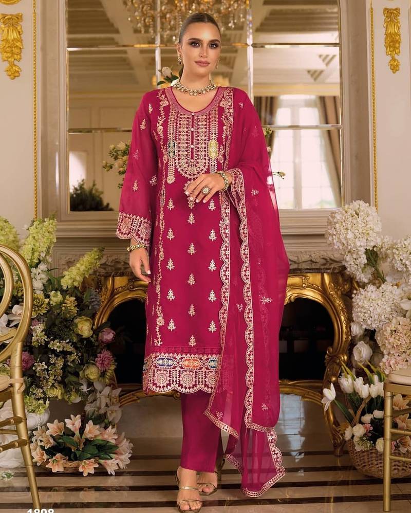 Pink chinon silk semi stitched wedding suits