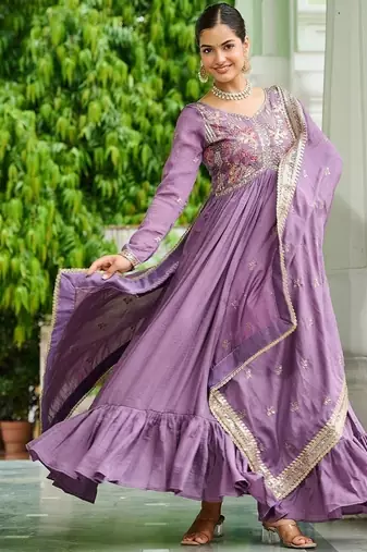 Onion color vichitra silk blend zari thread embroidered gown dupatta