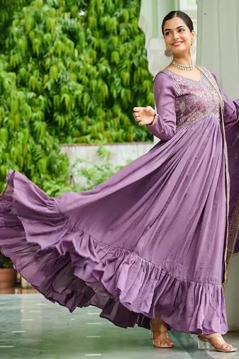 Onion color vichitra silk blend zari thread embroidered gown dupatta