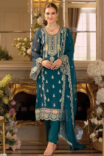 Teal chinon silk semi stitched wedding suits