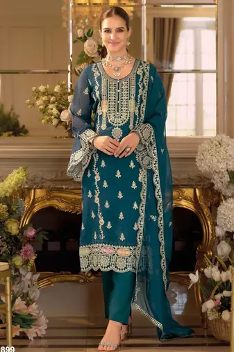 Teal chinon silk semi stitched wedding suits