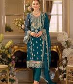 Teal chinon silk semi stitched wedding suits