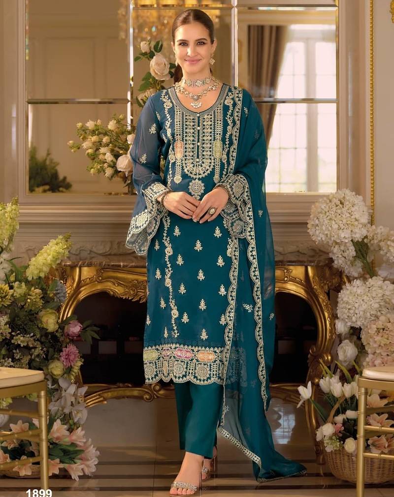 Teal chinon silk semi stitched wedding suits