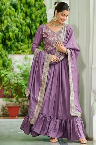 Onion color vichitra silk blend zari thread embroidered gown dupatta
