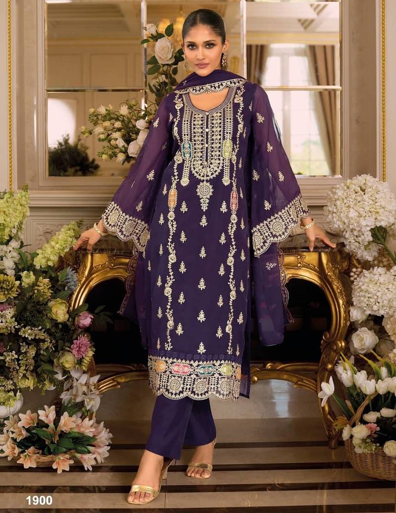 Purple chinon silk semi stitched wedding suits