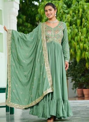 Light green vichitra silk blend zari thread embroidered gown dupatta 1