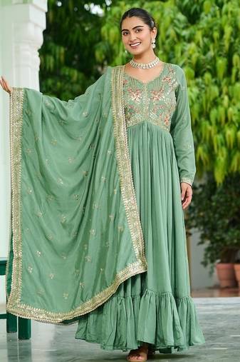 Light green color vichitra silk zari thread embroidered gown dupatta