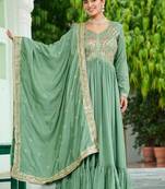 Light green color vichitra silk zari thread embroidered gown dupatta