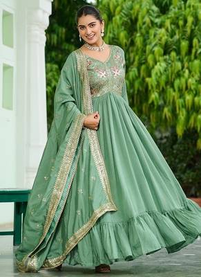 Light green vichitra silk blend zari thread embroidered gown dupatta 2