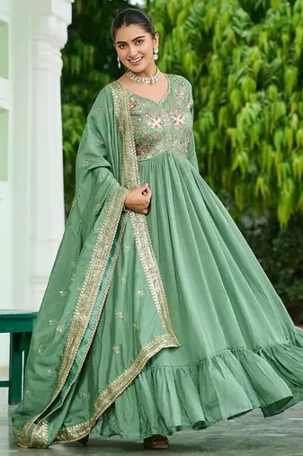 Light green color vichitra silk blend zari thread embroidered gown dupatta