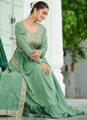 Light green vichitra silk blend zari thread embroidered gown dupatta 3