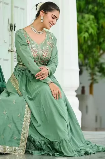 Light green color vichitra silk blend zari thread embroidered gown dupatta