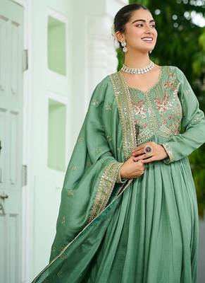 Light green vichitra silk blend zari thread embroidered gown dupatta 4