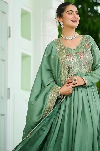 Light green color vichitra silk blend zari thread embroidered gown dupatta