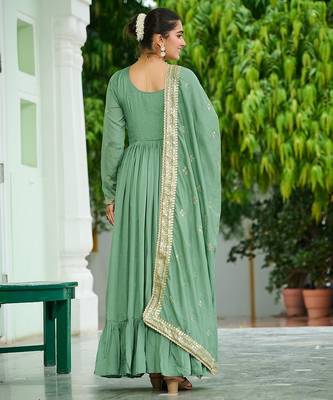 Light green vichitra silk blend zari thread embroidered gown dupatta 5