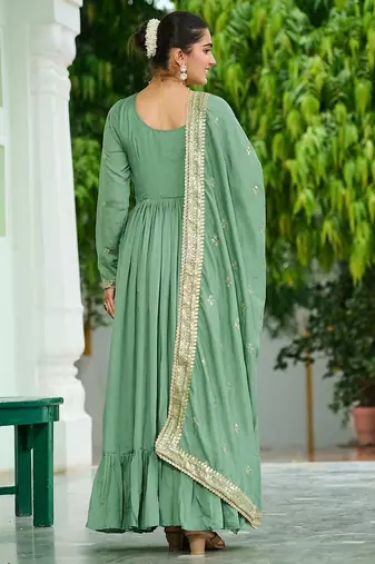 Light green color vichitra silk blend zari thread embroidered gown dupatta