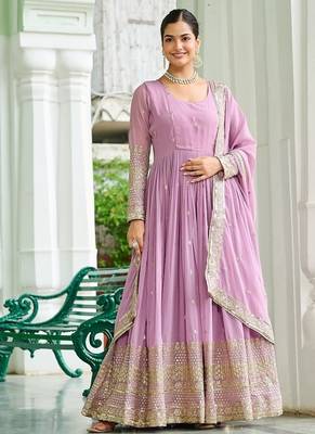 Pink embroidered work georgette gown with dupatta 1